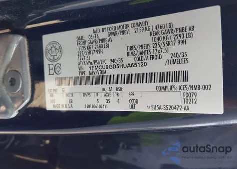 2017 Ford Escape Se from USA, damaged, VIN 1FMCU9GD5HUA65120